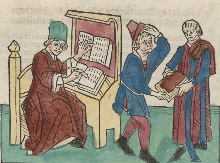 A man is writing whilst two others hold a book.